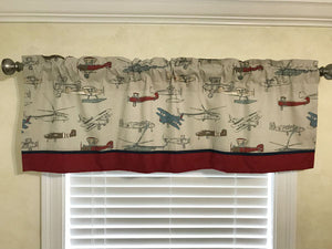 Window Valance - Vintage Airplanes with Crimson and Navy