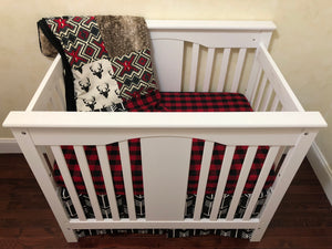 Woodland Deer Mini Crib Bedding Set - Boy Baby Bedding, Woodland Mini Crib Bedding in Red and Black