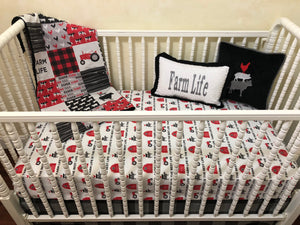 Farm Life Crib Bedding Set - Boy Baby Bedding, Farm Nursery Bedding in Red, Black, and Gray