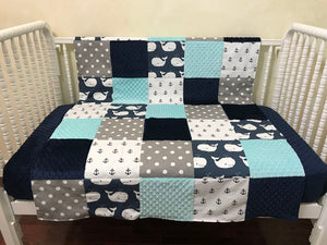 Nautical Nursery Patchwork Baby Blanket with Anchors and Whales in Navy and Aqua