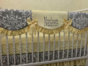 Gray Damask and Light Yellow Girl Baby Bedding Set Nasleen - Girl Crib Bedding, Crib Rail Cover with Ruffled Skirt