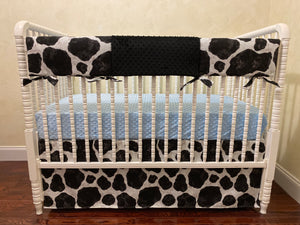 Cow Crib Bedding, Baby Boy Cow Crib Bedding, Black and White Cow Bedding with Light Blue