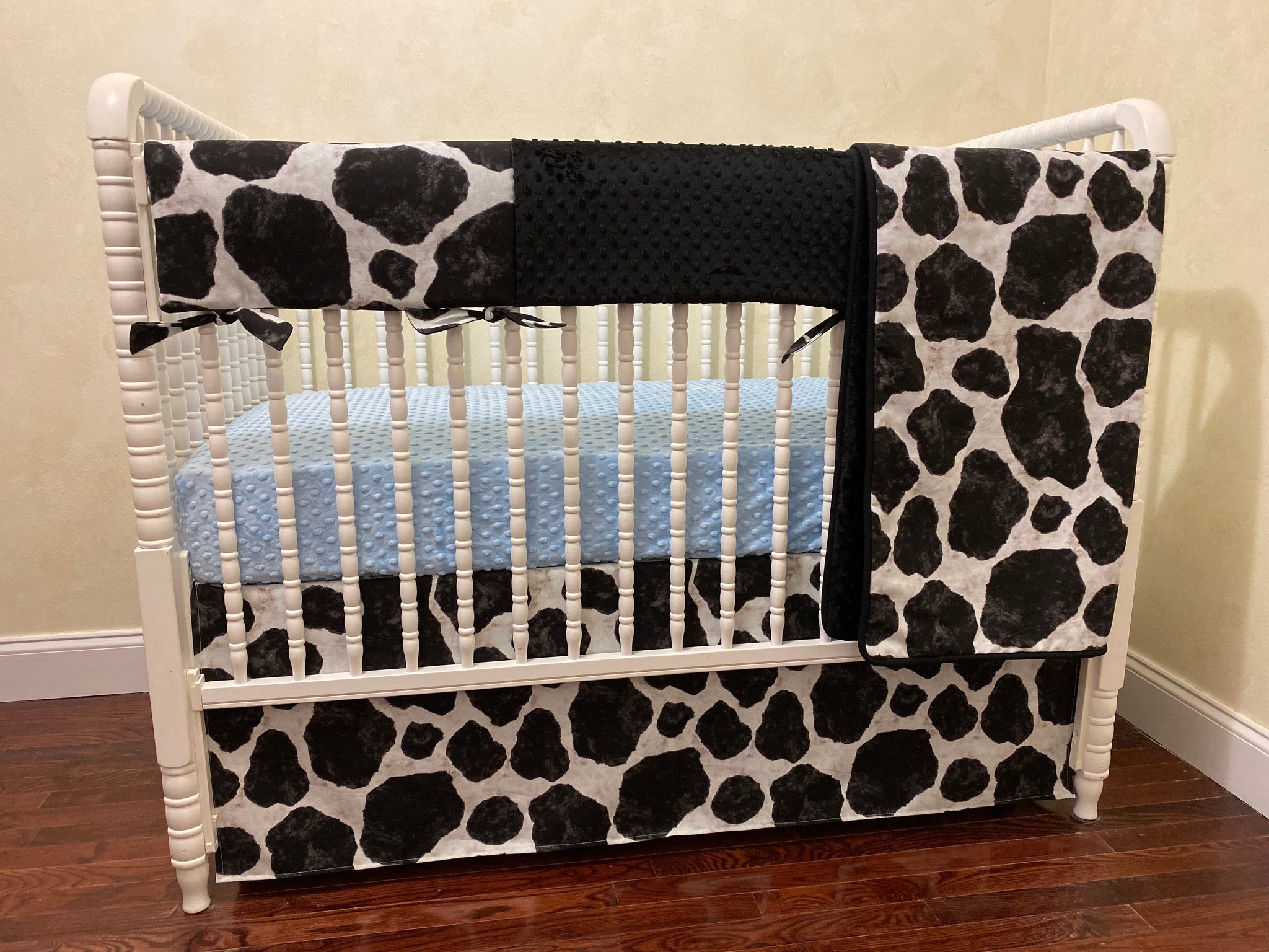 Cow Crib Bedding, Baby Boy Cow Crib Bedding, Black and White Cow Bedding with Light Blue