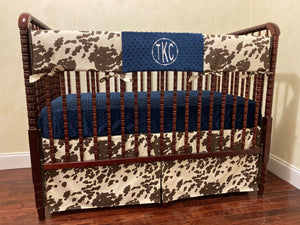 Cowhide Crib Bedding, Pony Hide with Navy Baby Bedding, Boy Baby Bedding, Western Nursery Bedding