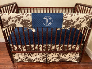 Cowhide Crib Bedding, Pony Hide with Navy Baby Bedding, Boy Baby Bedding, Western Nursery Bedding