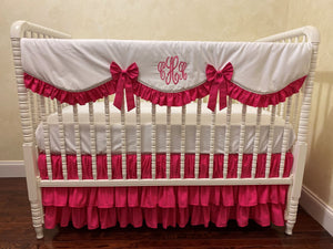White and Hot Pink Baby Girl Bedding, Girl Crib Bedding, Crib Rail Cover with Ruffled Skirt
