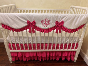 White and Hot Pink Baby Girl Bedding, Girl Crib Bedding, Crib Rail Cover with Ruffled Skirt