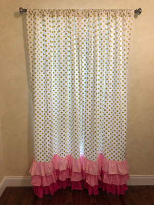 Gold Dots Curtain Panels with Tiered Ruffles and Tie Back Bows