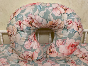 Pink and Aqua Floral with White Minky Nursing Pillow Cover