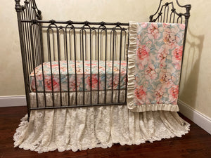 Vintage Floral with Lace Crib Bedding, Girl Crib Bedding, Floral Baby Bedding