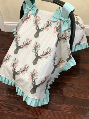 Car Seat Cover - Floral Stag with Aqua and Coral