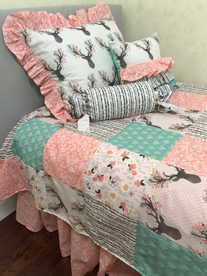 Woodland Kid Bedding with Floral Deer and Coral