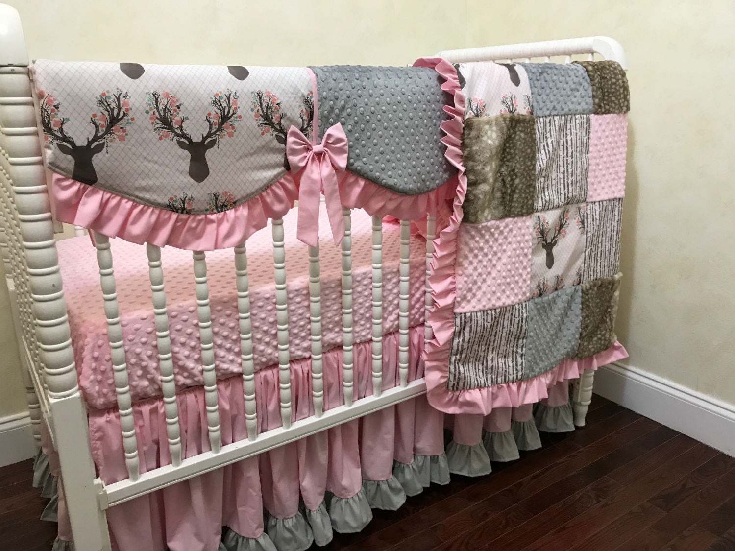 Woodland Girl Crib Bedding, Girl Deer Baby Bedding, Pink and Gray Woodland Baby Bedding