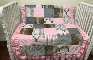 Baby Girl Woodland Deer Patchwork Baby Blanket in Pink and Gray