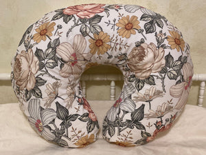 Earthtone Roses and Hibiscus Floral with Ivory Minky Nursing Pillow Cover