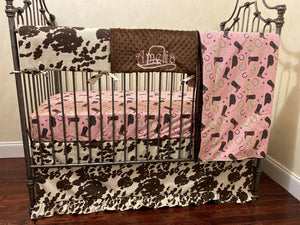 Cowgirl Crib Bedding, Girl Western Baby Bedding, Cowhide, Pony Baby Bedding, Crib Rail Cover