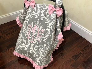 Car Seat Cover - Gray Damask with Light Pink