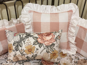 Blush Pink Buffalo Plaid with Floral Crib Bedding - Girl Baby Bedding, Crib Rail Cover