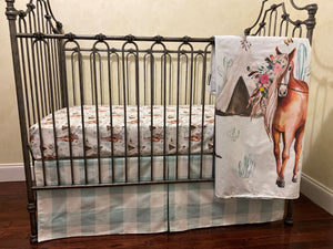 Baby Girl Horse Crib Bedding, Cowgirl Baby Bedding, Plaid Bedding, Crib Rail Cover