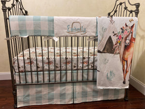 Baby Girl Horse Crib Bedding, Cowgirl Baby Bedding, Plaid Bedding, Crib Rail Cover
