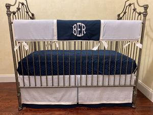 Light Blue Seersucker with Navy Crib Bedding, Baby Boy Crib Bedding, Crib Rail Cover