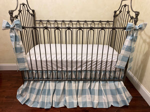 Blue Plaid with Pink Linen Baby Girl Crib Bedding, Buffalo Check Girl Baby Bedding, Crib Rail Cover