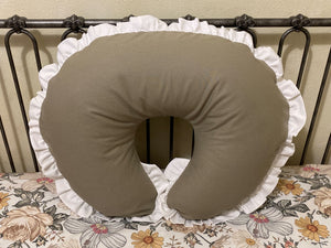 Taupe Linen Nursing Pillow Cover with White Linen Ruffle