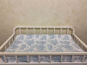 Blue Toile Crib Bedding, Boy Baby Bedding, Crib Rail Cover, Gathered Crib Skirt