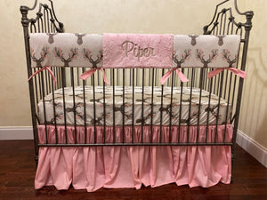 Girl Woodland Crib Bedding, Girl Deer Baby Bedding, Pink and Gray Woodland Baby Bedding