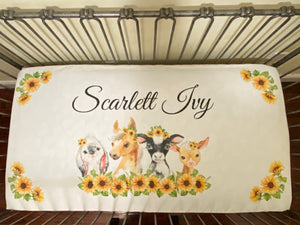 Baby Girl Personalized Crib Sheet - Baby Farm Animals with Sunflowers Cotton Crib Sheet