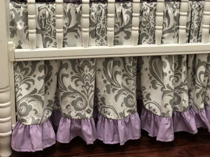 Gray and Lavender Girl Baby Bedding Set Brooke in Lavender - Girl Crib Bedding, Crib Rail Cover