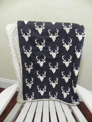 Navy Deer and Ivory Woodland Baby Blanket