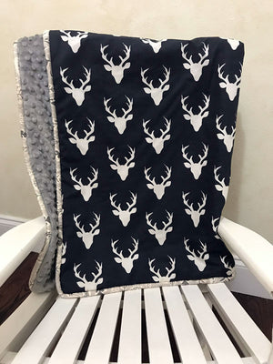 Navy Deer Woodland with Gray and Leaf Baby Blanket