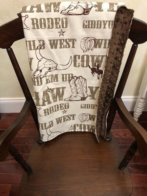 Car Seat Blanket - Cowboy Rodeo with Brown Minky Dot