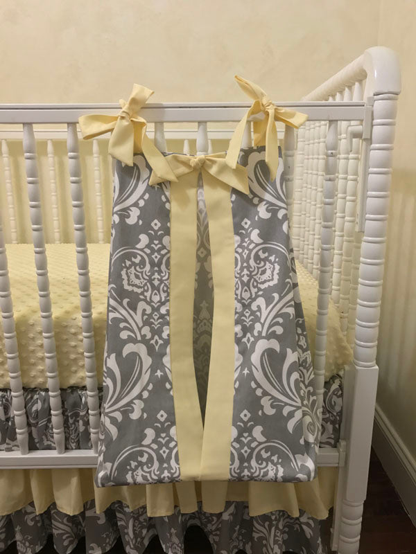 Gray Damask and Light Yellow Girl Baby Bedding Girl Crib Bedding, Crib Rail Cover with Ruffled Skirt