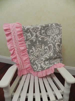 Gray Damask and Light Pink Baby Blanket with Ruffle