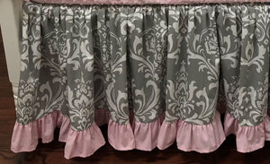 Girl Baby Bedding Set - Girl Crib Bedding, Crib Rail Cover, Gray Damask and Pink