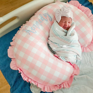 Pink Plaid Nursing Pillow Cover with Ruffle