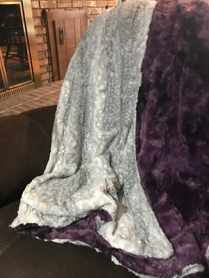 Minky Adult Blanket, Silver Fawn and Purple Luxe Minky, Teen Blanket, Dorm Blanket