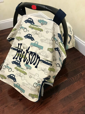 Car Seat Cover - Vintage Cars and Trucks with Navy