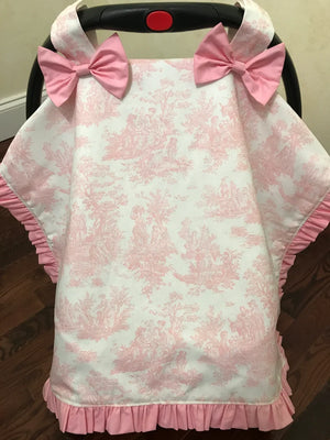 Car Seat Canopy Cover - Pink Toile With Ruffles and Bows