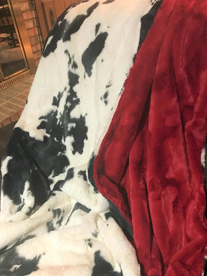 Minky Adult Blanket, Black and White Cow Hide and Red Minky, Teen Blanket, Dorm Blanket