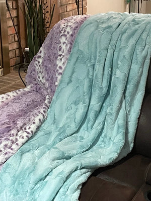 Minky Adult Blanket, Aqua Luxe and Lavender Lynx Minky, Teen Blanket, Dorm Blanket