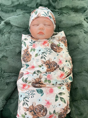 Floral and Fawn Woodland Infant Swaddle Blanket