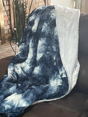 Minky Adult Blanket, Blue and White Luxe and White Luxe Minky, Teen Blanket, Dorm Blanket