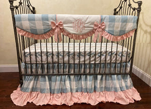 Blue Plaid with Pink Linen Baby Girl Crib Bedding, Buffalo Check Girl Baby Bedding, Crib Rail Cover