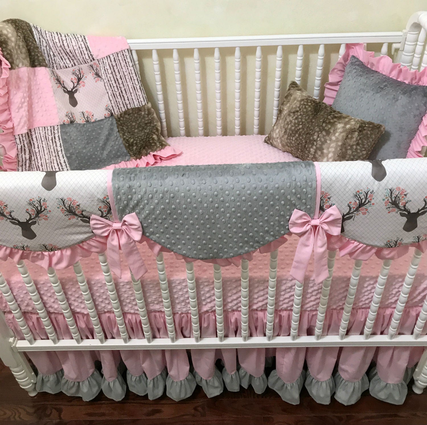 Woodland Girl Crib Bedding, Girl Deer Baby Bedding, Pink and Gray Woodland Baby Bedding