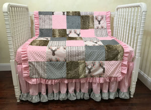 Woodland Girl Crib Bedding Set Kylie, Girl Deer Baby Bedding, Pink and Gray Woodland Baby Bedding