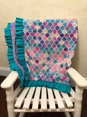 Mermaid Tile with Teal and Lavender Baby Blanket with Ruffle
