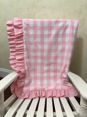 Light Pink Buffalo Plaid and White Baby Blanket with Ruffle